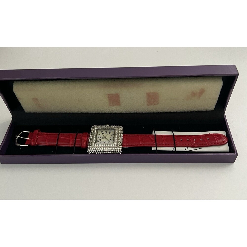 Suzanne Somers Collection Crystal Rhinestones Red Leather Womens Quartz Watch